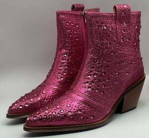 ISNOM Pink Rhinestone Sparkly Ankle Cowgirl Boots